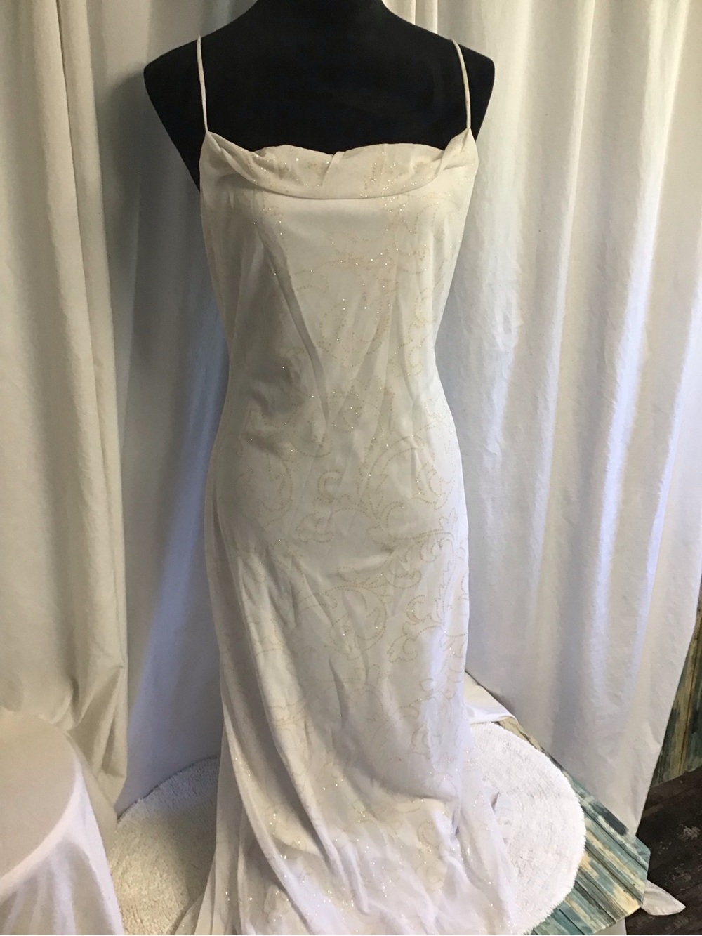 B. Smart White Strapless Spaghetti-Strap Evening Gown